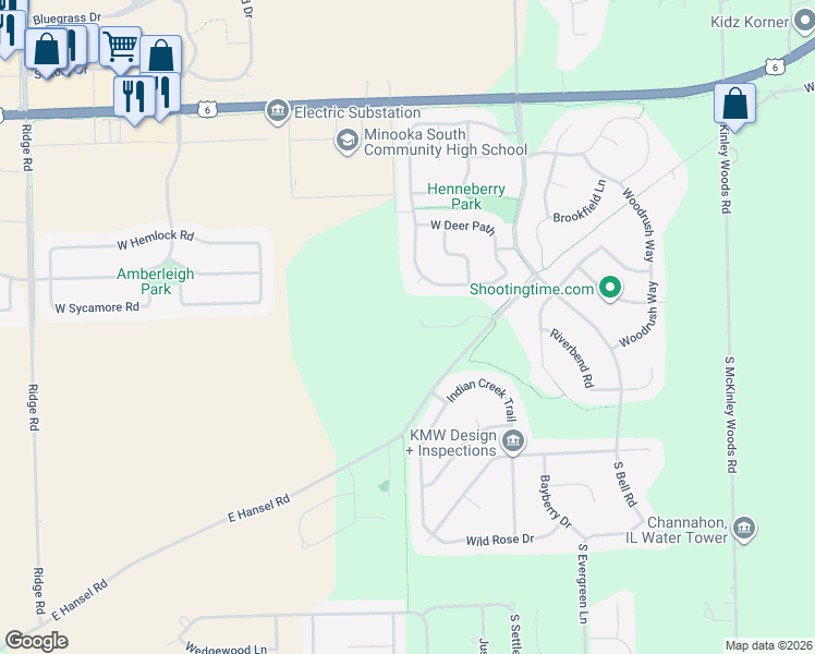 map of restaurants, bars, coffee shops, grocery stores, and more near 26557 West Old Stage Lane in Channahon