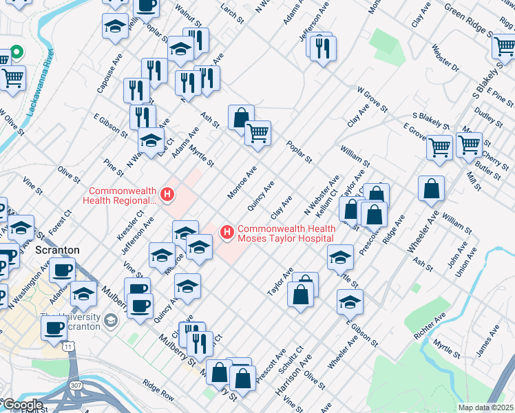 map of restaurants, bars, coffee shops, grocery stores, and more near 848 Quincy Avenue in Scranton