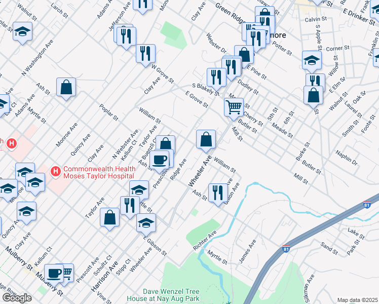 map of restaurants, bars, coffee shops, grocery stores, and more near 1115 Ridge Avenue in Dunmore