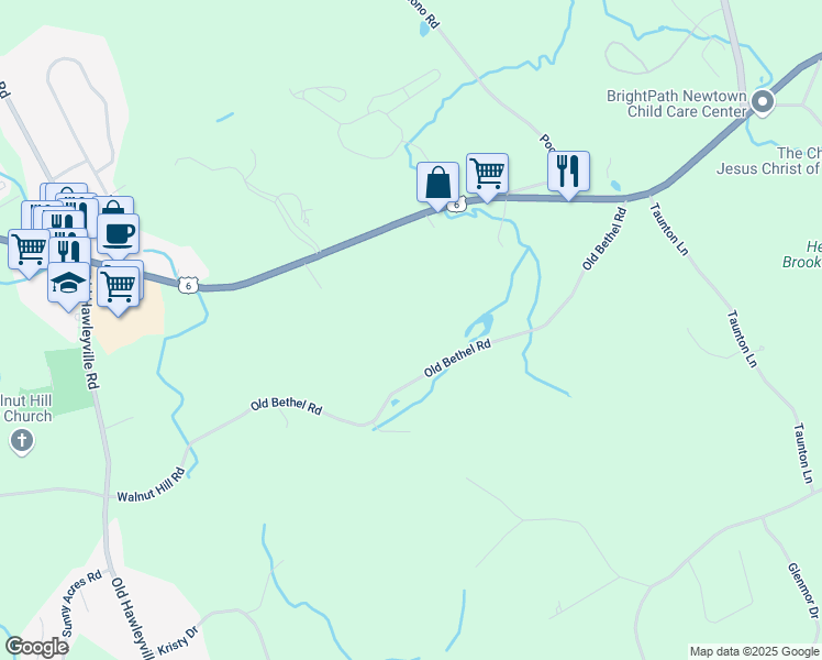 map of restaurants, bars, coffee shops, grocery stores, and more near 28 Old Bethel Road in Newtown