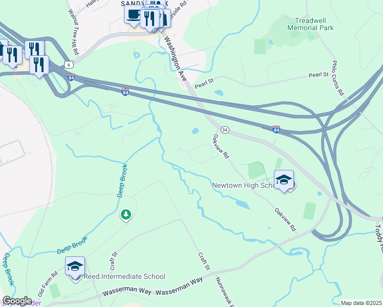 map of restaurants, bars, coffee shops, grocery stores, and more near 1 Watkins Drive in Newtown