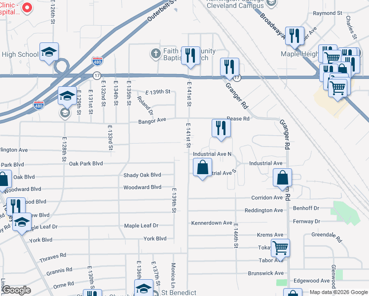 map of restaurants, bars, coffee shops, grocery stores, and more near 5592 East 139th Street in Garfield Heights