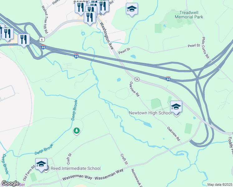 map of restaurants, bars, coffee shops, grocery stores, and more near 1 Watkins Drive in Newtown