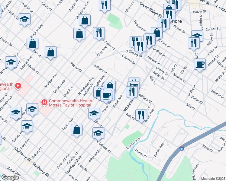 map of restaurants, bars, coffee shops, grocery stores, and more near 1049 Prescott Avenue in Scranton