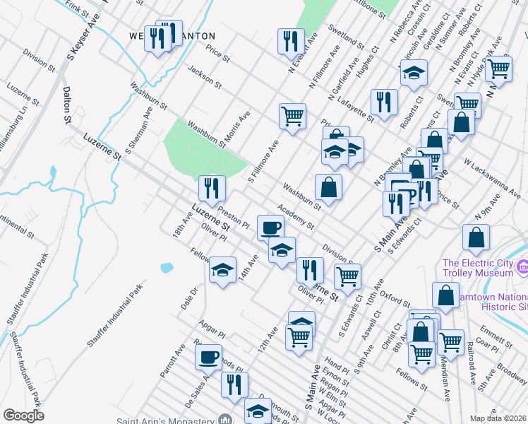 map of restaurants, bars, coffee shops, grocery stores, and more near 1417 Division Street in Scranton