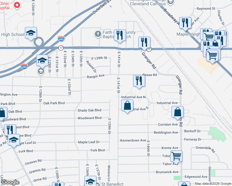map of restaurants, bars, coffee shops, grocery stores, and more near 5592 East 139th Street in Garfield Heights