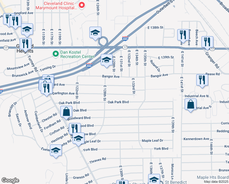 map of restaurants, bars, coffee shops, grocery stores, and more near 12820 Darlington Avenue in Garfield Heights