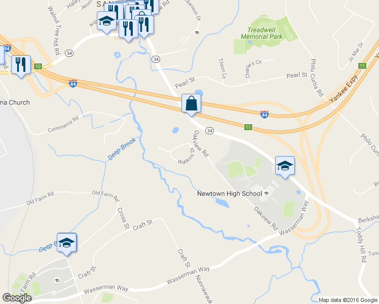 map of restaurants, bars, coffee shops, grocery stores, and more near 37 Watkins Drive in Newtown