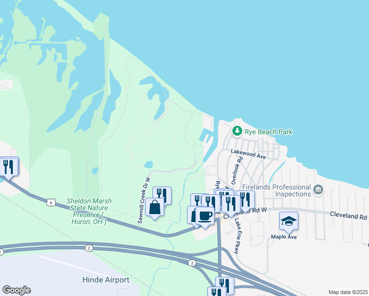 map of restaurants, bars, coffee shops, grocery stores, and more near 505 Mariner Village in Huron