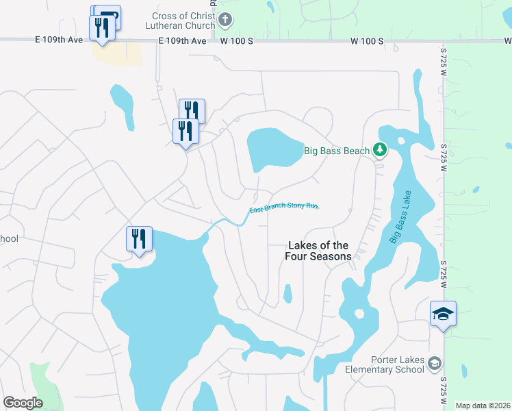 map of restaurants, bars, coffee shops, grocery stores, and more near 1092 Shoreline Road in Crown Point