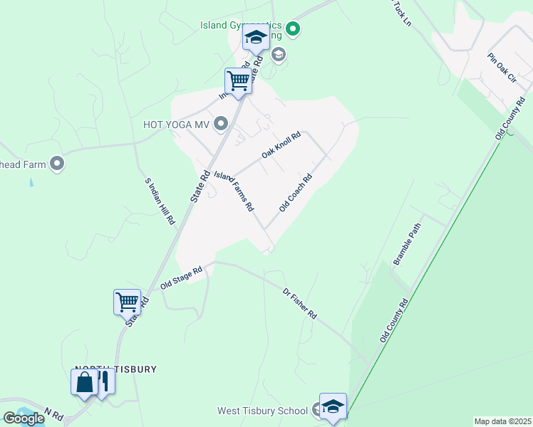 map of restaurants, bars, coffee shops, grocery stores, and more near 10 Old Coach Road in West Tisbury