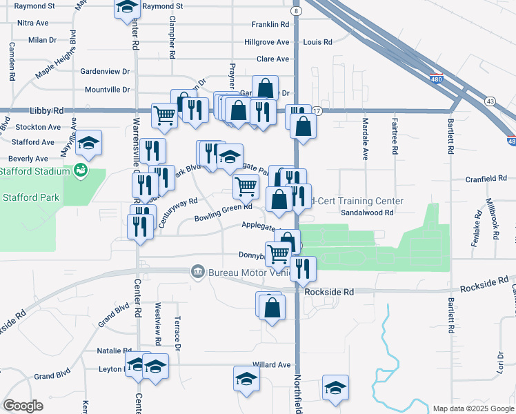 map of restaurants, bars, coffee shops, grocery stores, and more near 20751 Bowling Green Road in Maple Heights