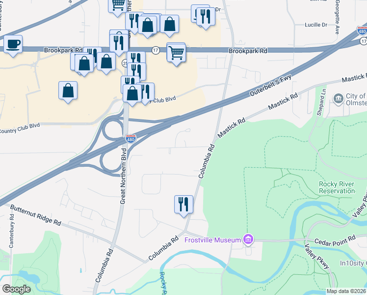map of restaurants, bars, coffee shops, grocery stores, and more near 24857 Kennedy Ridge Road in North Olmsted