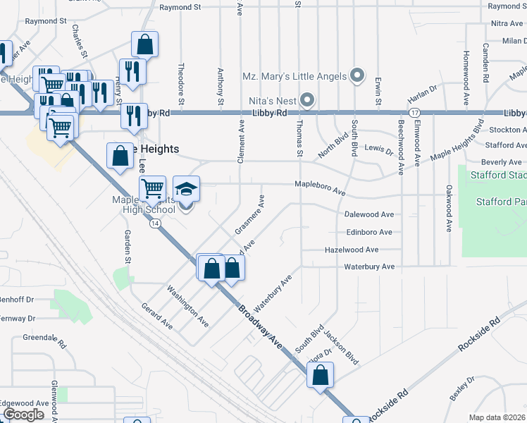 map of restaurants, bars, coffee shops, grocery stores, and more near 5451 Grasmere Avenue in Maple Heights