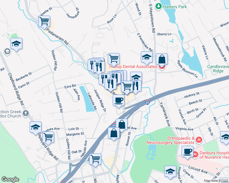 map of restaurants, bars, coffee shops, grocery stores, and more near 1 Padanaram Road in Danbury