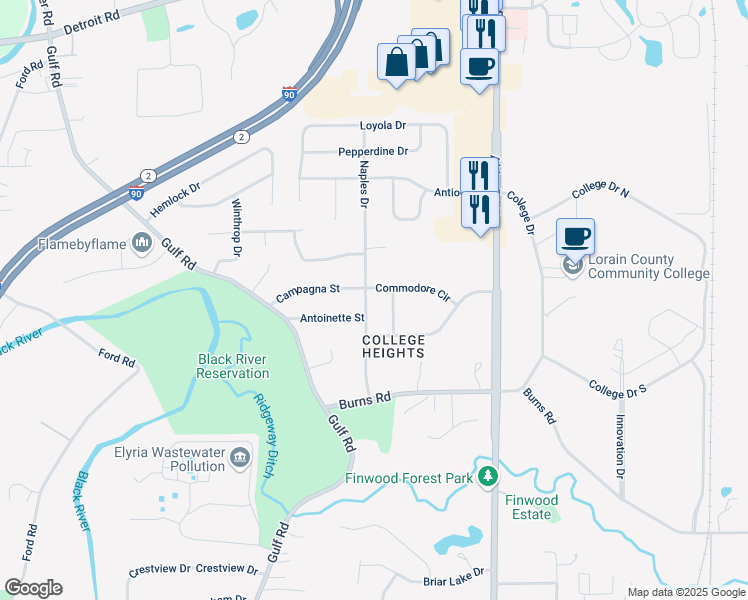 map of restaurants, bars, coffee shops, grocery stores, and more near 233 Naples Drive in Elyria
