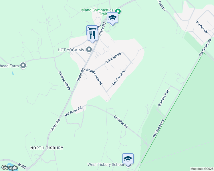 map of restaurants, bars, coffee shops, grocery stores, and more near 10 Old Coach Road in West Tisbury