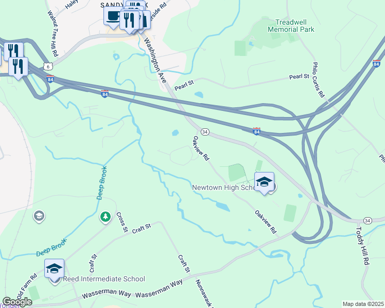 map of restaurants, bars, coffee shops, grocery stores, and more near 58 Watkins Drive in Newtown