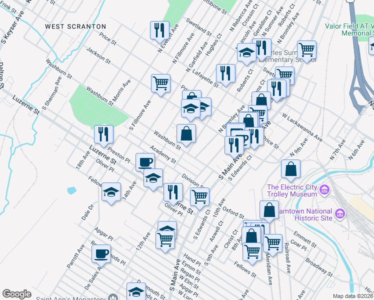 map of restaurants, bars, coffee shops, grocery stores, and more near 1402 Washburn Street in Scranton
