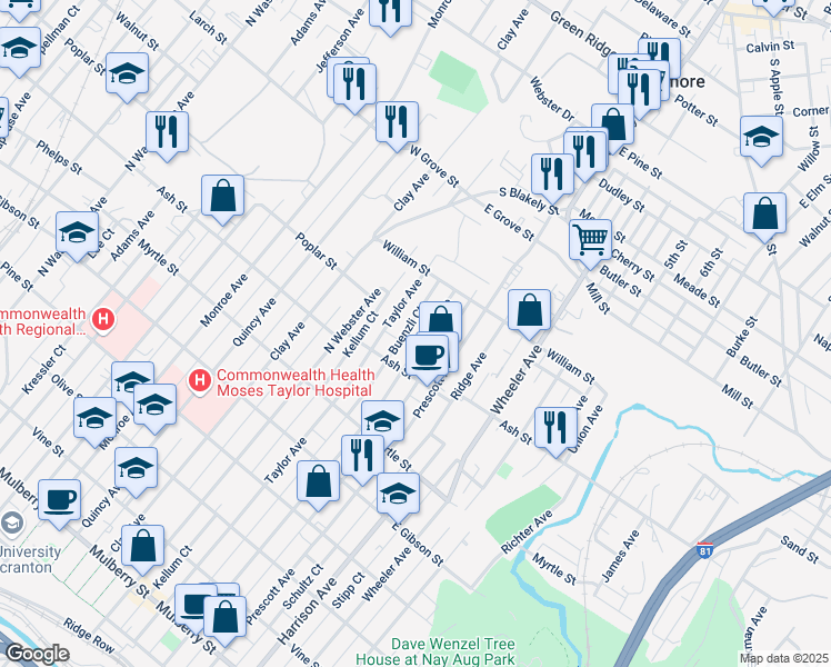 map of restaurants, bars, coffee shops, grocery stores, and more near 1026 North Irving Avenue in Scranton