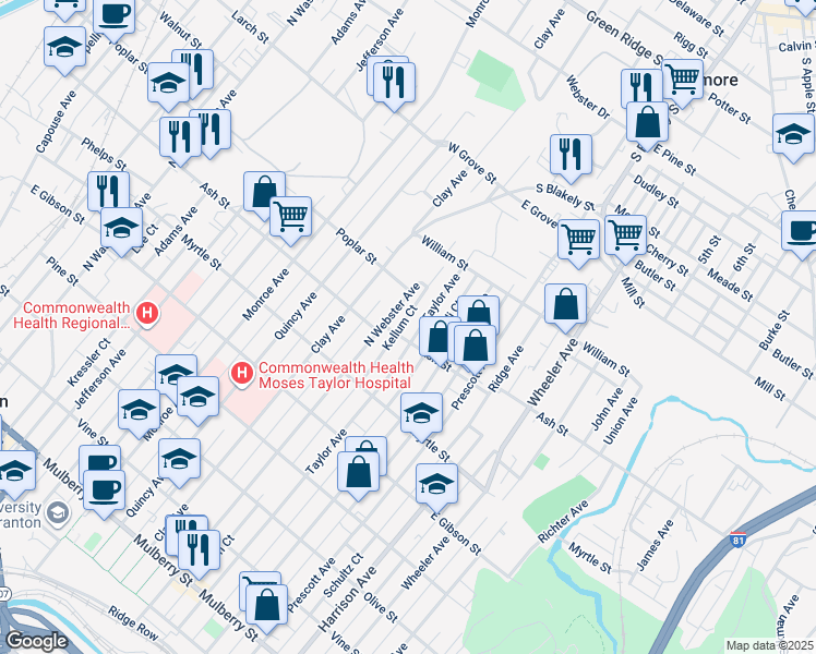 map of restaurants, bars, coffee shops, grocery stores, and more near in Scranton