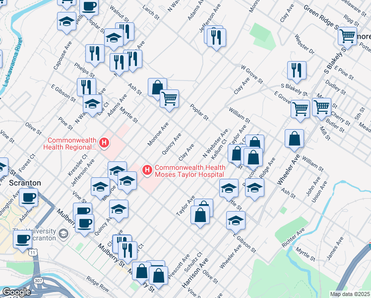 map of restaurants, bars, coffee shops, grocery stores, and more near 914 Clay Avenue in Scranton