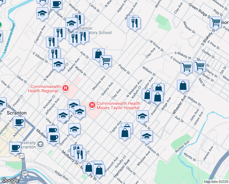 map of restaurants, bars, coffee shops, grocery stores, and more near 841 Clay Avenue in Scranton
