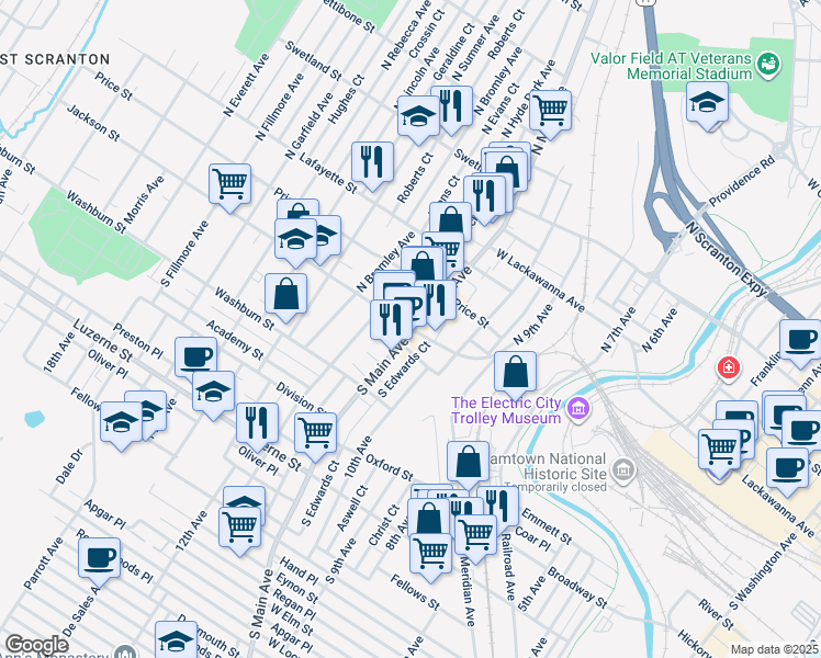 map of restaurants, bars, coffee shops, grocery stores, and more near 120 South Main Avenue in Scranton
