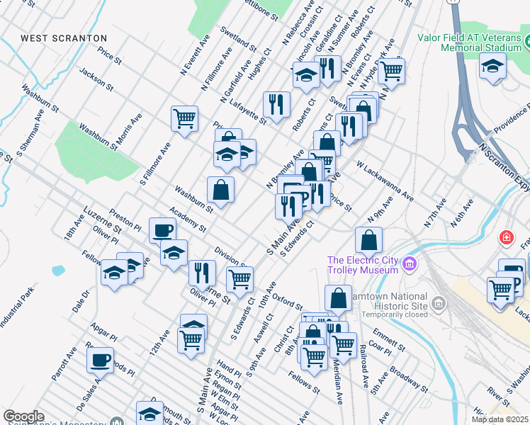 map of restaurants, bars, coffee shops, grocery stores, and more near 141 South Hyde Park Avenue in Scranton