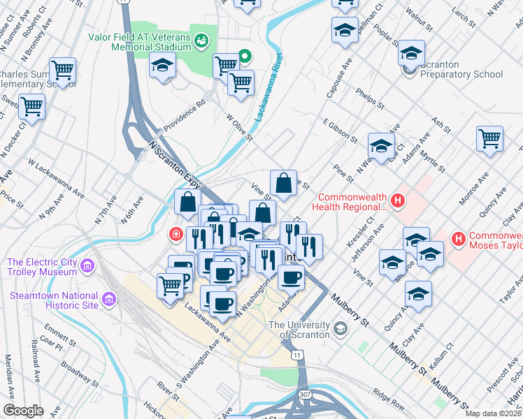 map of restaurants, bars, coffee shops, grocery stores, and more near 311 Mulberry Street in Scranton