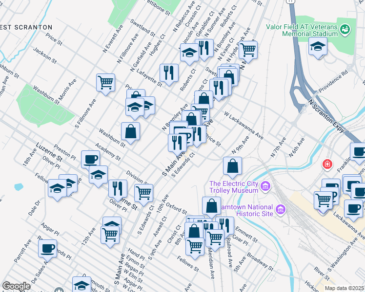 map of restaurants, bars, coffee shops, grocery stores, and more near 120 South Main Avenue in Scranton