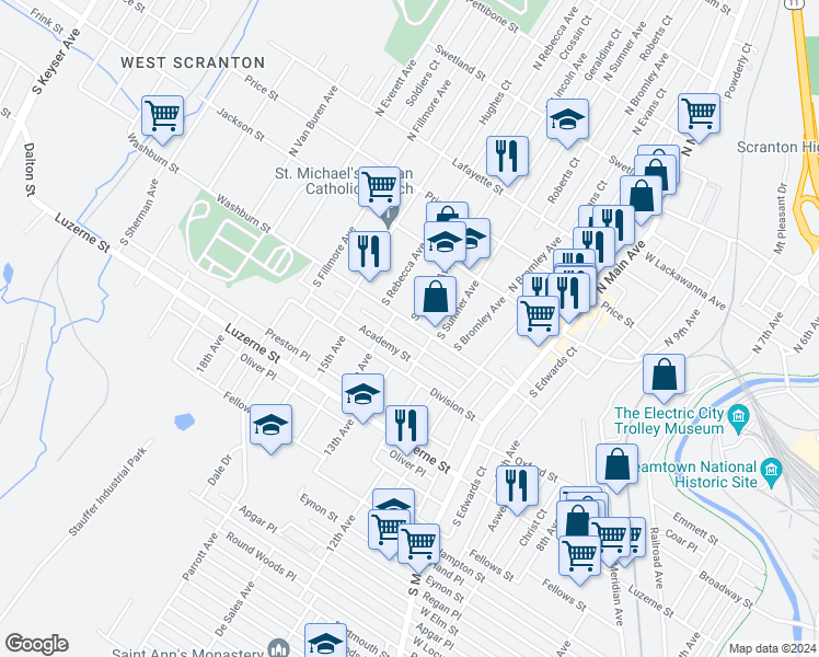 map of restaurants, bars, coffee shops, grocery stores, and more near 209 South Sumner Avenue in Scranton