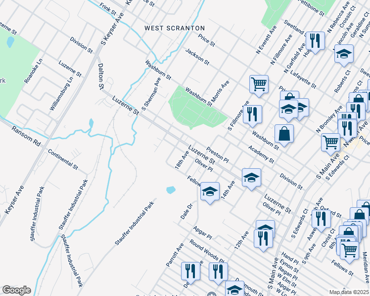map of restaurants, bars, coffee shops, grocery stores, and more near 422 18th Avenue in Scranton