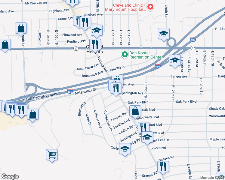 map of restaurants, bars, coffee shops, grocery stores, and more near 5531 Turney Road in Garfield Heights