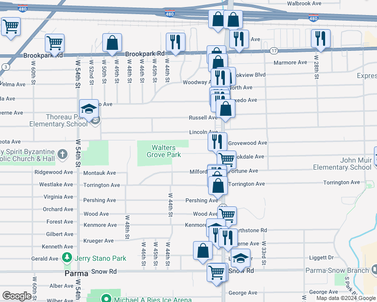 map of restaurants, bars, coffee shops, grocery stores, and more near 4106 Walter Avenue in Parma