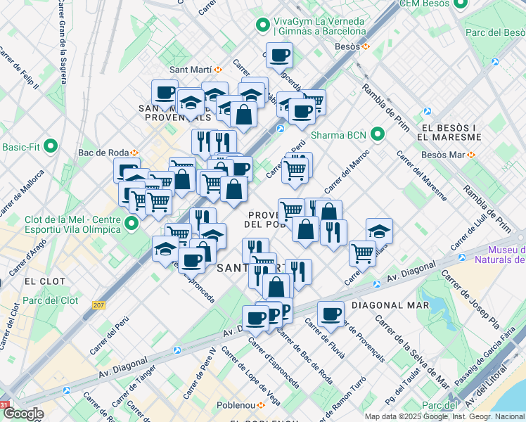 map of restaurants, bars, coffee shops, grocery stores, and more near 125 Carrer de la Selva de Mar in Barcelona