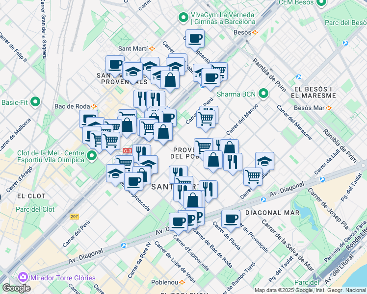 map of restaurants, bars, coffee shops, grocery stores, and more near 125 Carrer de la Selva de Mar in Barcelona