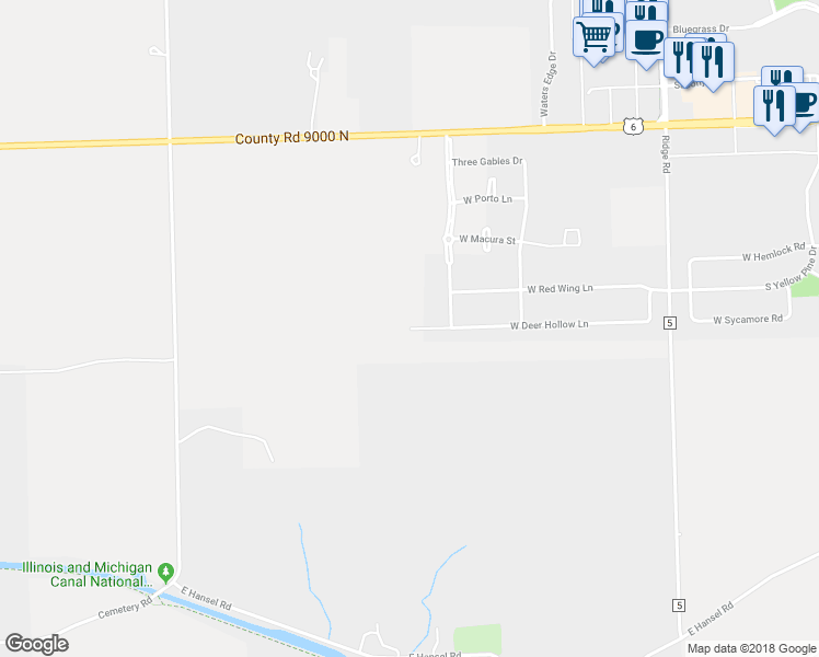 map of restaurants, bars, coffee shops, grocery stores, and more near 27656 West Deer Hollow Lane in Channahon