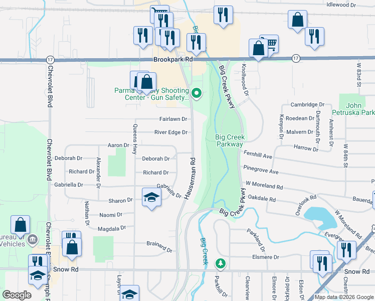 map of restaurants, bars, coffee shops, grocery stores, and more near 5491 Elizabeth Avenue in Parma