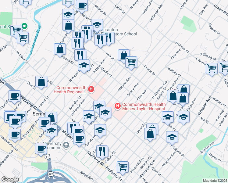 map of restaurants, bars, coffee shops, grocery stores, and more near 918 East Gibson Street in Scranton