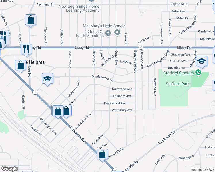 map of restaurants, bars, coffee shops, grocery stores, and more near 5452 South Boulevard in Maple Heights