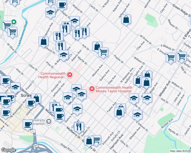map of restaurants, bars, coffee shops, grocery stores, and more near 823 Quincy Avenue in Scranton