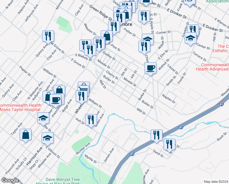 map of restaurants, bars, coffee shops, grocery stores, and more near 500 Mill Street in Dunmore