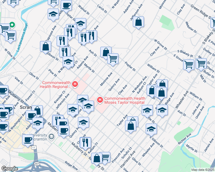 map of restaurants, bars, coffee shops, grocery stores, and more near 823 Quincy Avenue in Scranton