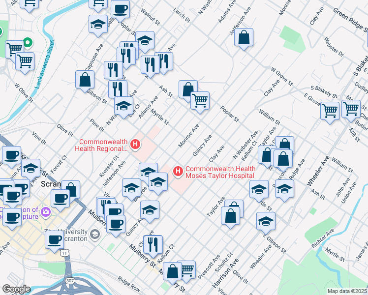 map of restaurants, bars, coffee shops, grocery stores, and more near 823 Quincy Avenue in Scranton