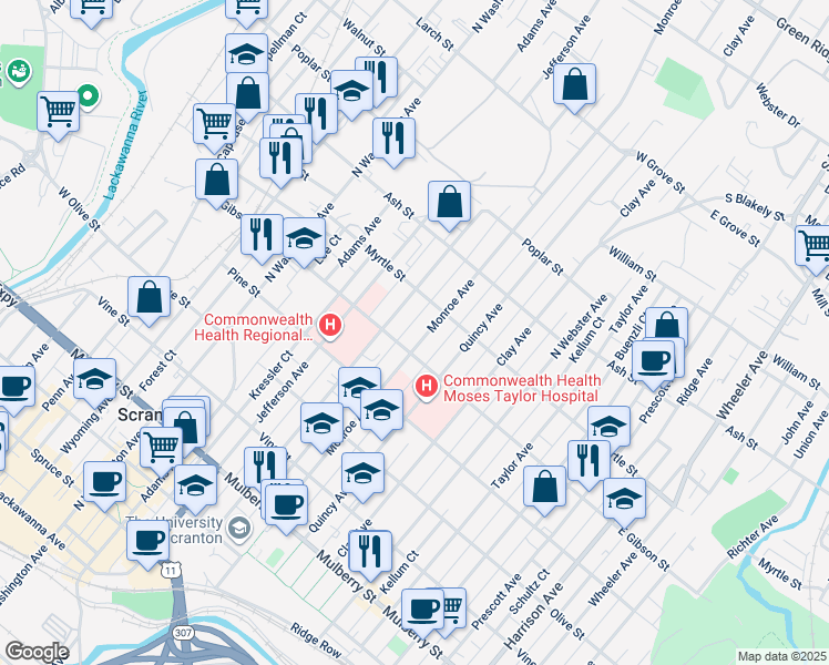 map of restaurants, bars, coffee shops, grocery stores, and more near 918 East Gibson Street in Scranton