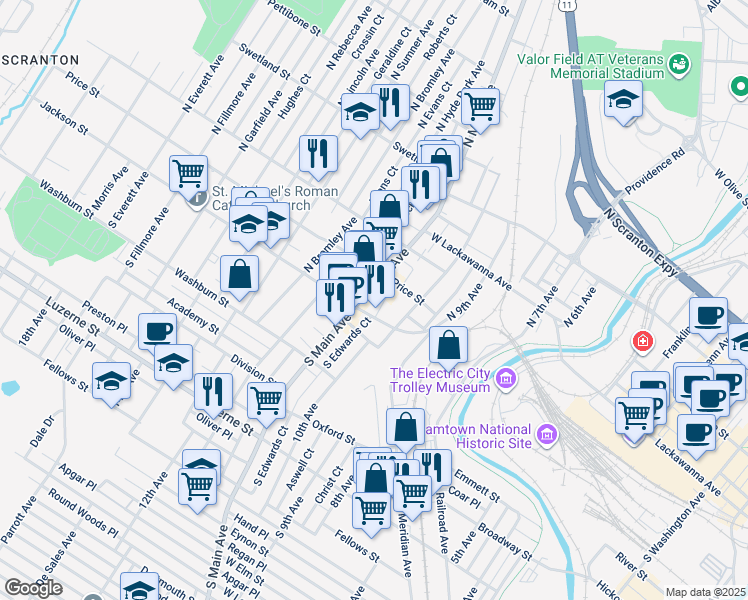 map of restaurants, bars, coffee shops, grocery stores, and more near 1024 Jackson Street in Scranton