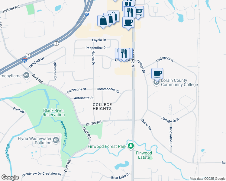 map of restaurants, bars, coffee shops, grocery stores, and more near 180 College Park Drive in Elyria