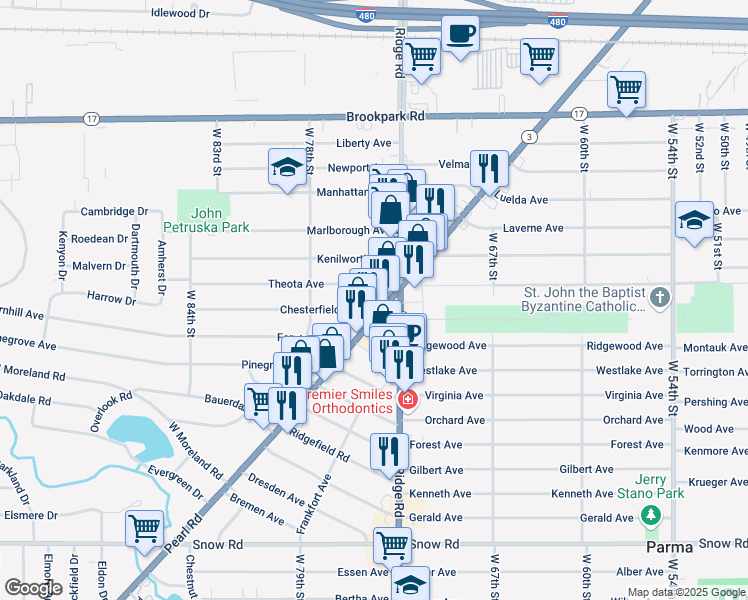 map of restaurants, bars, coffee shops, grocery stores, and more near 5050 Ridge Road in Cleveland