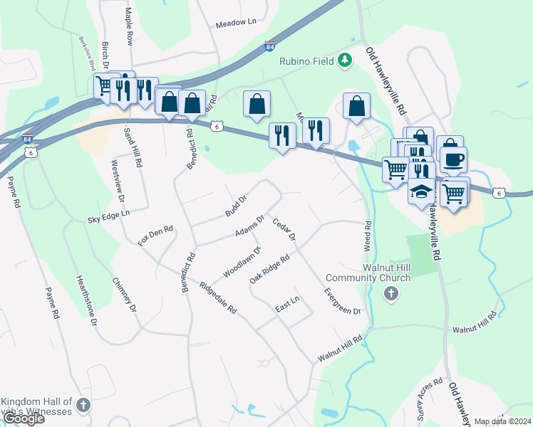 map of restaurants, bars, coffee shops, grocery stores, and more near 1 Cedar Drive in Bethel